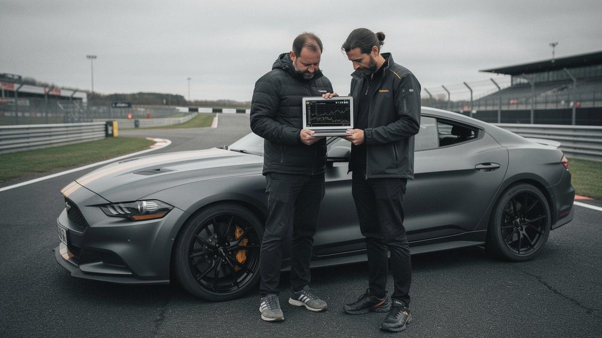 Instructor and driver comparing telemetry traces after a closed-circuit braking drill