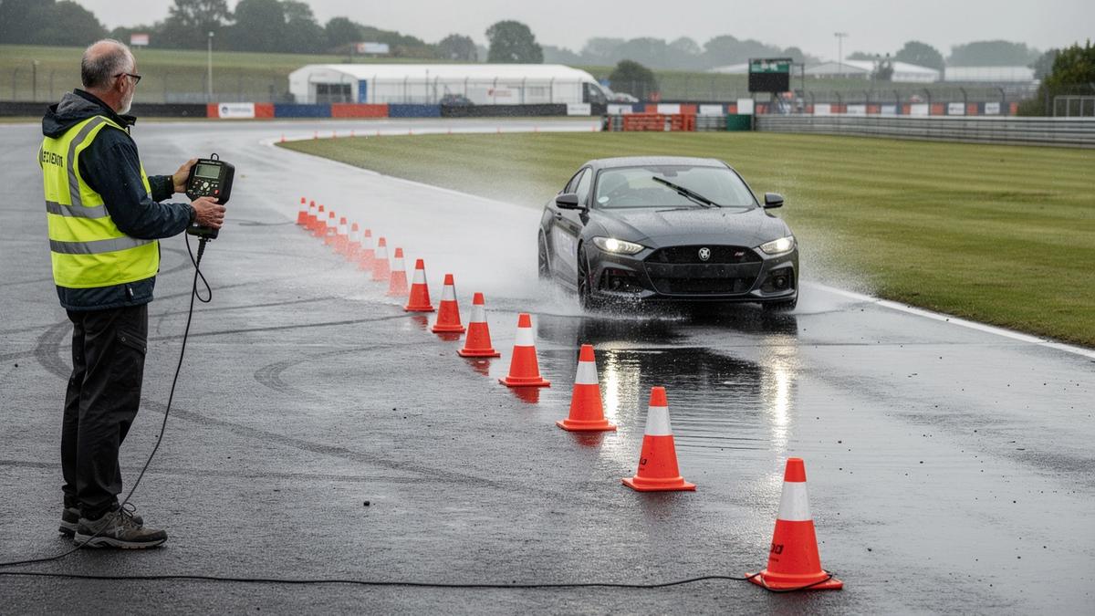 Instructor timing a car through a wet braking lane on a closed handling circuit